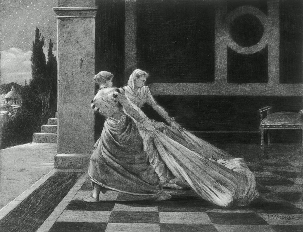  Beatrice Cenci och hennes styvmor Lucrezia Cenci släpar ut Francescos döda kropp till balkongen.